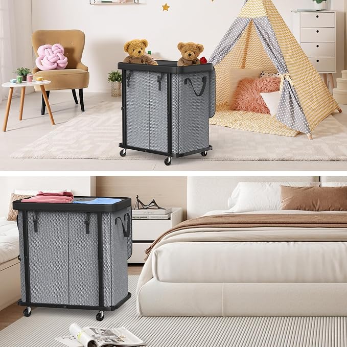 Laundry Basket with Wheels,190L (50 Gal) Laundry Hamper 2 Setion - Gray | Leather Patchwork,Sturdy Metal Frame, Removable Washable Bag, Tall Clothes Sorter for Bedroom - Image 7