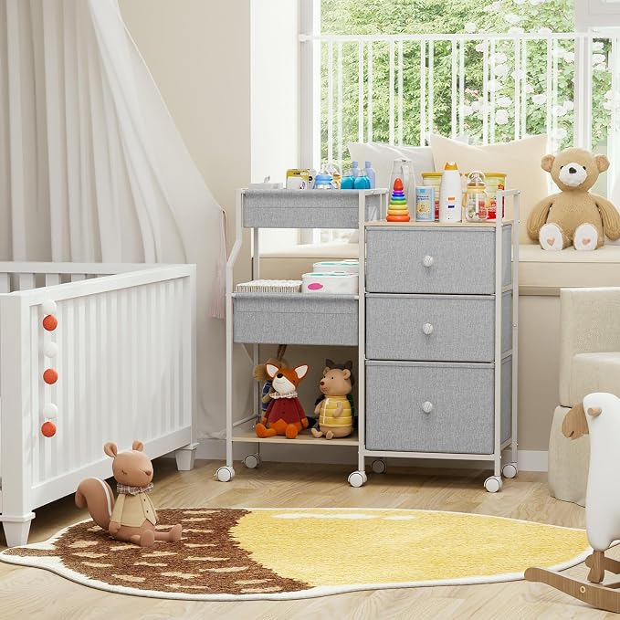 Modanais Baby Diaper Caddy Organizer Rolling Cart with Drawers, Light Gray | Detachable Dividers, 3 Tier Rolling Cart, Mobile Utility Cart with Wheels for Nursery, Bedroom, Changing Table & Crib - Image 7