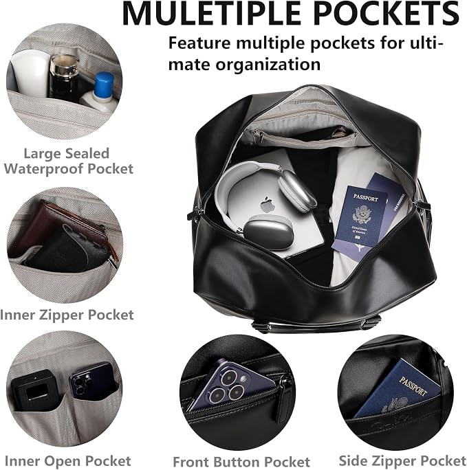 Large 4-in-1 Leather Duffle Bag for Travel Weekender Overnight Hospital Gym Bag for Men & Women, Carry On Airline Approved Personal Item Duffel Garment Bag Luggage with Shoe Compartment & Toiletry Bag - Image 2