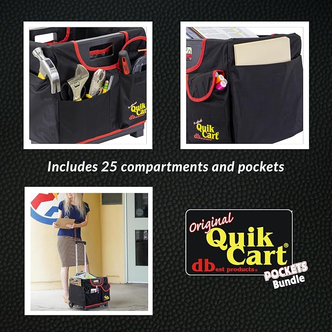 dbest Products Quik Cart Pockets Bundle Sport - 10 Pocket - Black & Red | Rolling Crate with Canvas Organizer Bag, 80 lbs Capacity, Telescoping Handle, Folding Utility Cart - Image 2