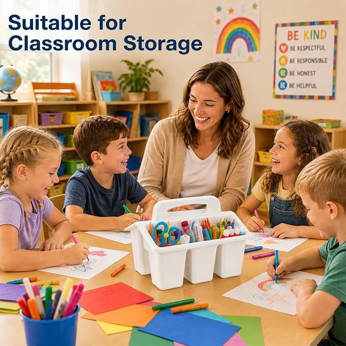 gisgfim 8 Pack Classroom Caddy Storage Basket with Handle 4 Compartment Storage Caddy Plastic Arts Crafts Caddies Protable Classroom Craft Caddies for Kids Schools Art Craft Supplies(White) - Image 5