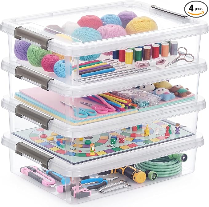 Citylife 6Qt 4Packs Clear Craft Organizers and Storage BOX, Sensory Bins | Stackable Board Game Storage Bins with Lids for Art Supplies, Paper, Puzzle, Tools, Home, Office, School Supplies by CITYLIFEHomeOrganization