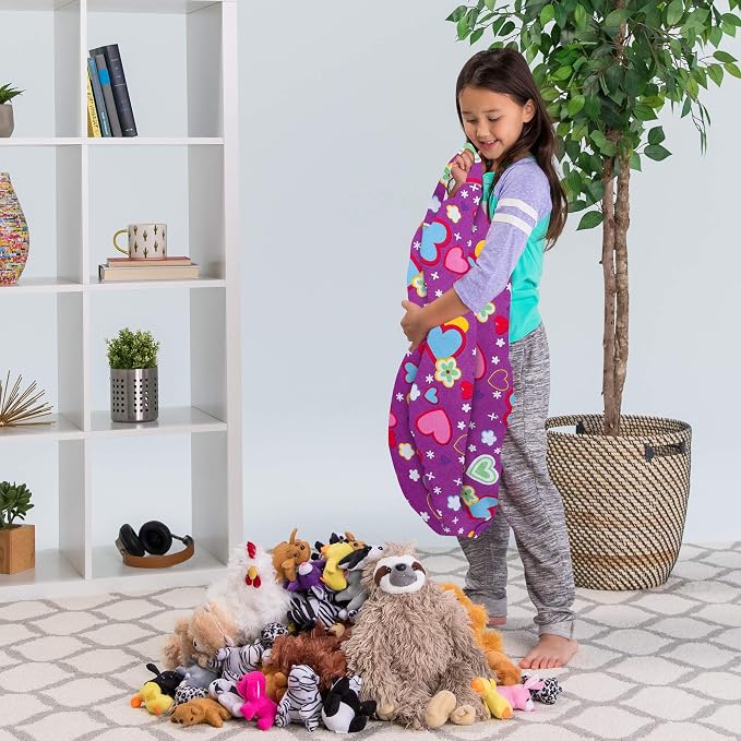 Posh Creations Stuffable Kids Stuffed Animal Storage Bean Bag Chair Cover - Childrens Toy Organizer, Medium-27 - Canvas Multi-Colored Hearts on Purple - Image 4