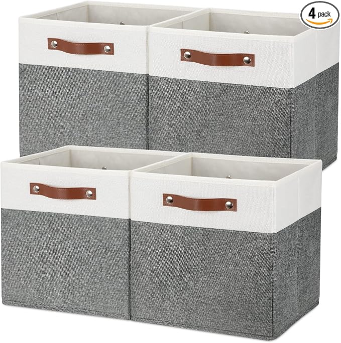 Temary Storage Cubes 12x12 Fabric Cube Storage Bins Foldable Storage Baskets with Handles, Decorative Storage Boxes for Organizing, Home, Office, Nursery, Shelf, Closet (White & Grey, 12 x 12 x 12) by TEMARY