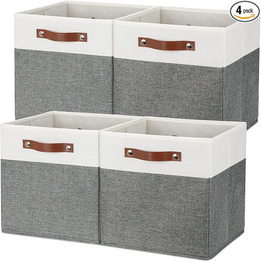 Temary Storage Cubes 12x12 Fabric Cube Storage Bins Foldable Storage Baskets with Handles, Decorative Storage Boxes for Organizing, Home, Office, Nursery, Shelf, Closet (White & Grey, 12 x 12 x 12) by TEMARY