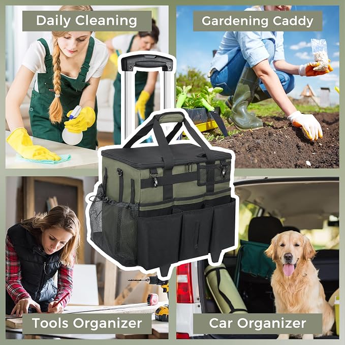 Rolling Cleaning Caddy Bag with Detachable Trolley, Large Cleaning Supplies Organizer with Wheels, Multi-Pocket Cleaning Cart with Adjustable Shoulder Strap for Housekeepers & Home Use, Armygreen - Image 7