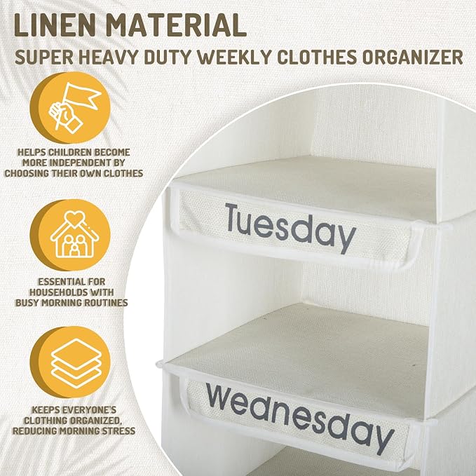 Sintuff 2 Pcs Heavy Duty 6 Shelf Weekly Hanging Closet Organizer for Kids Days of Week Clothing Organization Labeled Monday to Friday Clothes Divider for Weekday Weekend School Outfits - Image 3