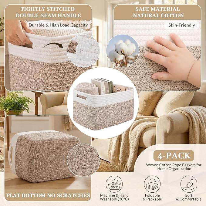 OIAHOMY 4 Pack Storage Basket, 13"x9"x7.8" Cotton Rope Baskets for Shelves, Closet Organizer for Bedroom & Living Room, Soft Decorative Bins for Organizing Towels, Books & Toys, Brown & White - Image 3