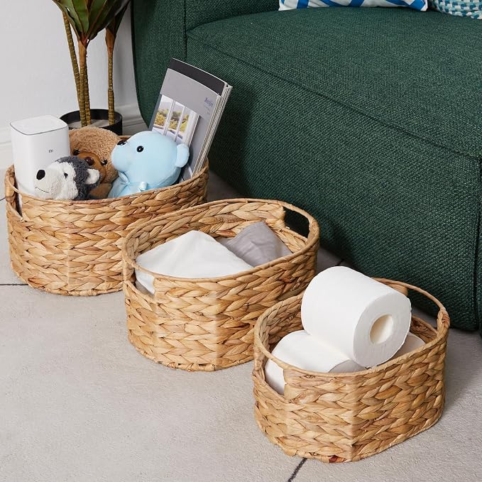 Wicker Basket, 3-Pack Hand-Woven Water Hyacinth Wicker Storage Basket with Handles, Large Woven Storage Baskets for Shelves, Round Storage Baskets for Organizing & Decor - Image 6