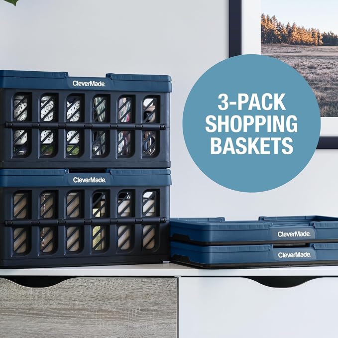 CleverMade Eco Collapsible Shopping Basket with Handles, 24L Ocean, 3 Pack | Keep Groceries Upright in the Car | Rigid Walls Carry 25 lb Each, Stack Securely, and Fold to 2.25 Inches for Storage - Image 7