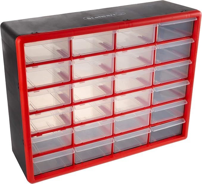 Stalwart Plastic 24 Drawer Organizer Compartment Parts Storage Cabinet, Red | Tabletop, Desktop, or Wall Mount Container - Small Parts Organizer for Hardware, Craft Supplies, Beads, or Tools by Stalwart