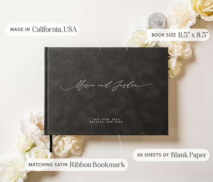 Personalized Guestbook in Charcoal - 11.5 x 8.5 Custom Hardcover Book for Wedding Reception Guests to Sign, Photobooth Album w/ Blank 140gsm Pages, Includes Ribbon Bookmark, Customized Names & Date - Image 3