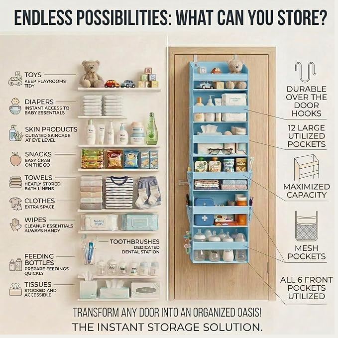 Over the Door Organizer, 6-Tier, 100D Fabric, Baby Blue 1pc | Over the door shoe organizer, 50 lbs capacity, 12 side mesh pockets, 100D extra thick fabric, Closet & entryway storage - Image 4