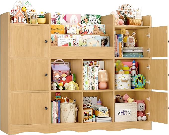 Toy Organizers and Storage with 10 Cubbies and 4 Tier Bookshelf | 55" Large Kids Bookshelf Toy Organizers and Storage with Raised-Edge Top Shelf, Playroom Storage and Toy Chest, Natural - Image 8