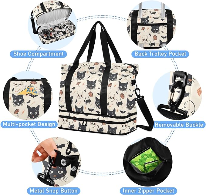 Travel Duffel Tote Bag Cat and Skulls Sports Duffel Bag with Wet Pocket Weekender Overnight Bag for Women Men Gym Bag, Carry On Bag Hospital Bag for Labor and Delivery - Image 2