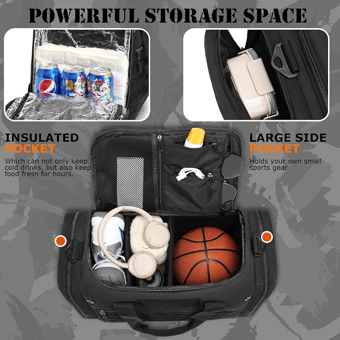 65L Extra Large Duffle Bag for Men & Women - Military Tactical Gym Bag | for Travel Weekender Large Sports Bag with Dividers for Hockey Football Baseball Soccer Basketball & Team Training, Black - Image 3