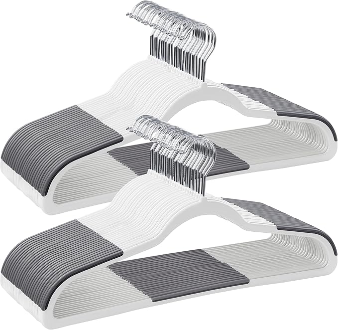 SONGMICS Plastic Clothes Hangers, Pack of 50, Non-Slip, Space-Saving | 0.2 Inches Thick, 17.7 Inches Wide, 360° Swivel Hook, White and Dark Gray, BREANNA Collection UCRP050W50 by Unknown