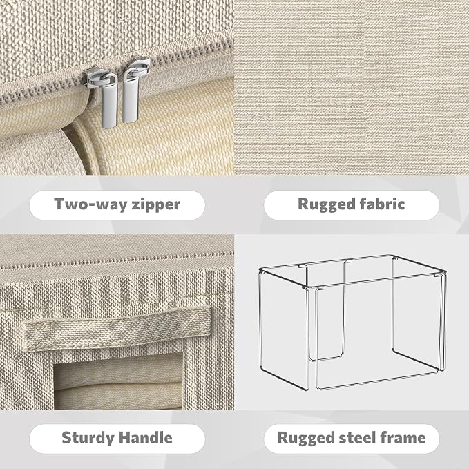 FHSQX 6 Pack Clothes Storage Bins with Metal Frame Foldable Storage Bins for Clothes Linen Fabric Storage Box with Clear Window (Beige, 19.7x15.7x13inch(66L)) - Image 5