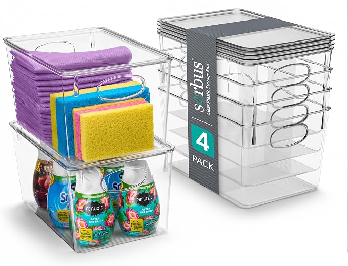 Sorbus Large Clear Plastic Storage Bins with Lids, Clear Stackable Storage Bins, Laundry Room Organizer Bins, Office, Classroom, Playroom, Bathroom, Laundry Room Organization and Storage (4 Pack) by Sorbus