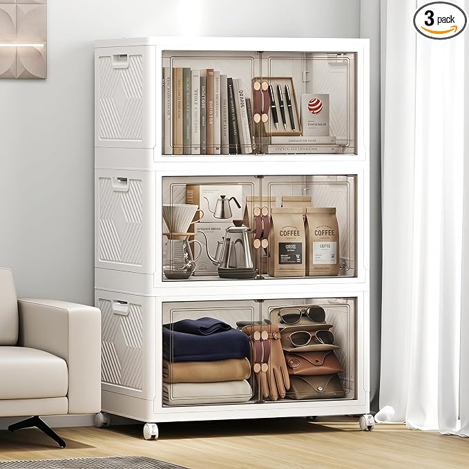 Stackable Storage Bins with Lids, 330QT Lockable Storage Cabinet | Closet Organizers, Foldable Storage Box with Doors and Wheels, Plastic Drawers for Home, Garage, Office (3, White, Plus) by UAMFURIDirect