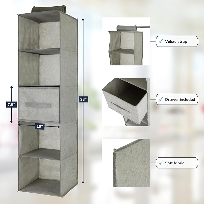 Fabric Closet Organizer, Collapsible Hanging Closet Organizers and Storage - Hanging Closet Organizer with Removable Drawer for Travel, Home Organization Shelves and Dorm Storage Room Essentials - Image 2