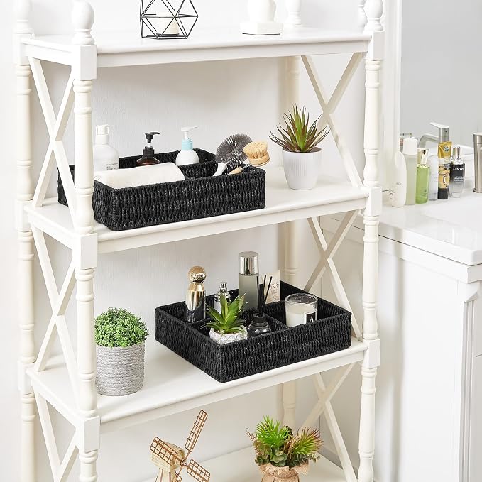 Wicker Divided Storage Basket, Black Wicker Baskets, Basket for Shelves Drawer Organizing, 3 Section Rectangular Woven Storage Baskets, 2-Pack - Image 4