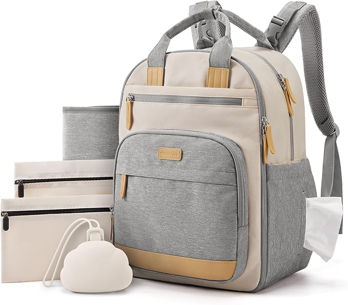 mommore Baby Diaper Bag with Waterproof Changing Pad, Gray White | Backpack Bottle Holders Insulated & Pacifier Case, 2 Organizer Pouches by mommore