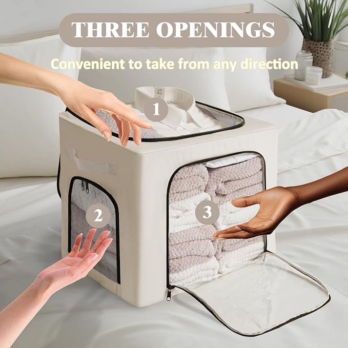 GuliPostan 3 Pack 40L Stackable Clothes Storage Bins with Metal Frame Handles & Zipper, Collapsible Closet Organizer Box with Lid for Bedding Blankets Towel (Beige) - Image 5