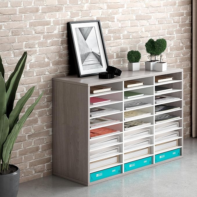 EasyPAG 27 Compartments Wooden Literature Organizer with Adjustable Shelves, 13500 Sheets Capacity Paper Organizer, Classroom Mailbox and Mail Sorter for Teachers and Office, Retro Gray/White - Image 6