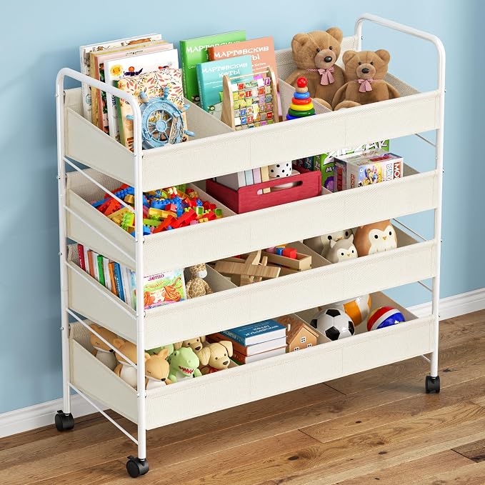 Kids Toy Storage Organizer with 4 Shelves & Wheels for Playroom | White, Large Size, Steel Frame & Oxford Fabric, Rolling Casters with 2 Locks, Safe Rounded Edges, Easy Assembly by Oneyus