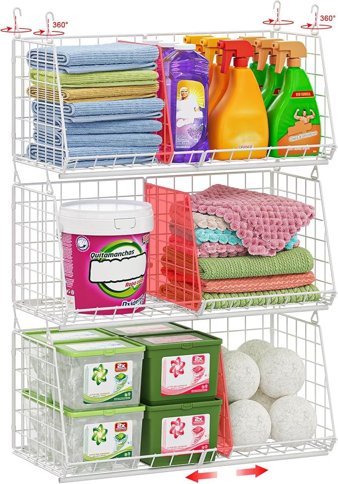23.62” Extra-Long Under-Shelf Hanging Laundry Basket Organizer, 3-Pack Space-Saving Laundry Organizer, Fits Wire Shelving (Rod Diameter < 0.38”), Modular with Dividers for Custom Laundry Organization by Sonyabecca