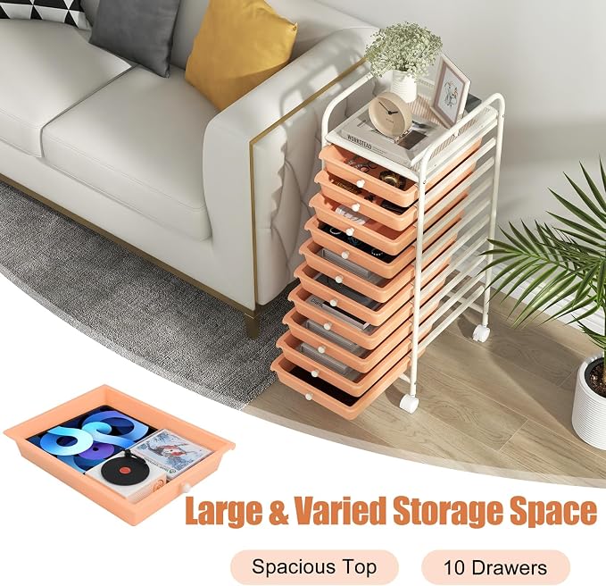 GOFLAME 10-Drawer Rolling Storage Drawer Cart, Utility Cart with Removable Drawers & Metal Frame, Mobile Art Craft Drawer Cart with Lockable Wheels for Home, Office, Studio, School, Peach Fuzz - Image 4