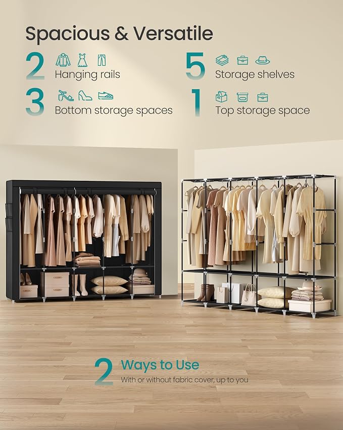 SONGMICS Portable Closet, Wardrobe Closet Organizer with Cover, 5 Hanging Rods and Shelves, 4 Side Pockets, 17.7 x 83 x 65.7 Inches, Large Capacity for Bedroom, Living Room, Ink Black URYG095B01 - Image 3