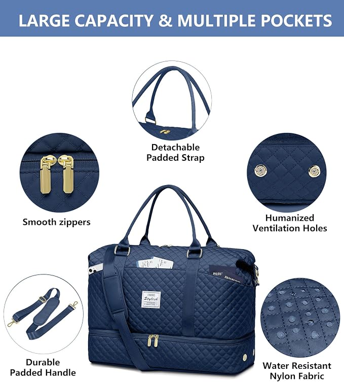 Weekender Bags for Women Duffle Bag - Travel Duffel Bag with Shoe Compartmen Carry on Overnight Bag with Toiletry Bag Gym Tote Bag with Wet Pocket Hospital Bags for Labor and Delivery Blue - Image 6