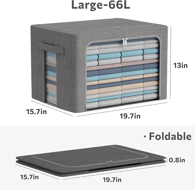 CYhom 3Pack Foldable Storage Bins - Frame Storage Box Linen Fabric Stackable Clothes Container Organizer with Clear Window & Carry Handles Large Capacity (Large-66L, Dark Gray) - Image 6