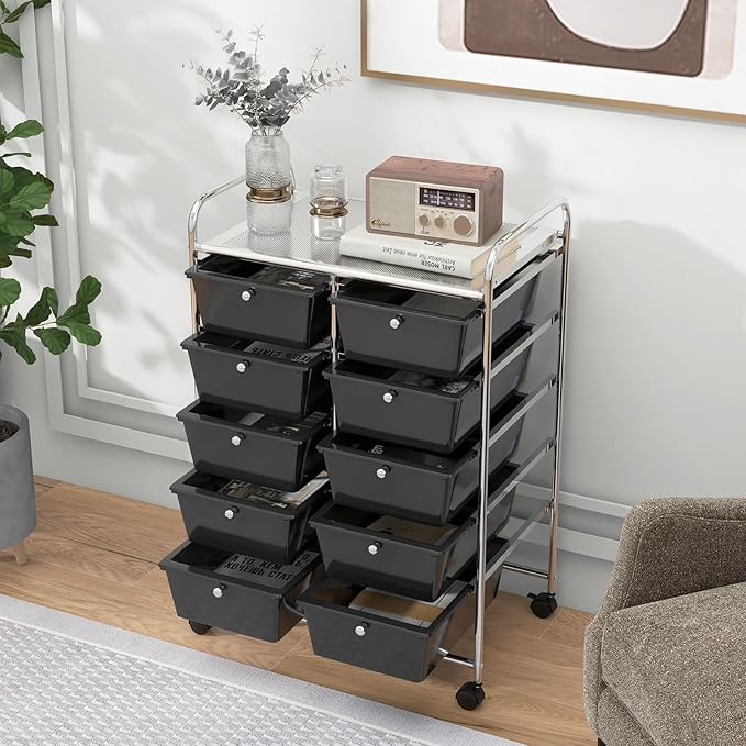 Moccha Rolling Storage Cart with 10 Drawers - Under Desk Storage Drawers with wheels for Craft Art Supply Paper Salon, Storage Drawers Organizer for Classroom Office Movable Utility Cart - Image 2