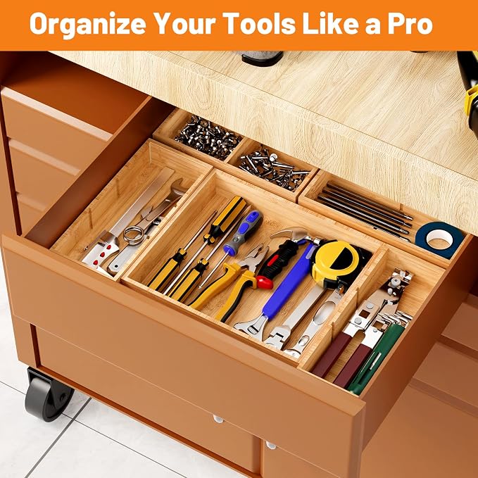 Bamboo Drawer Organizer, 10-Piece Stackable Trays with Removable Dividers | Junk drawer organizer, assorted tray sizes, 10-22 customizable compartments, nestable, kitchen utensils, bathroom, office - Image 8
