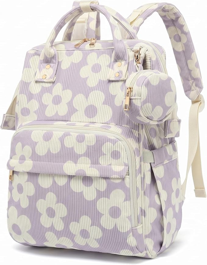 Baby Diaper Bag Backpacks for Mom Dad, Corduroy Large Capacity Multifunction Nappy Bag with Pacifier Case, Baby Travel Essentials Diaper Backpack for Boys Girls - Large Flowers Purple by Unknown