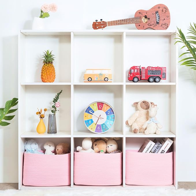 3-Pack Decorative Woven Storage Baskets for Shelves, Cube Bin Box for Organizing Books, Shoes, Dog Toys, Pantry Closet and Living Room Organizer, Soft Pink - Image 4