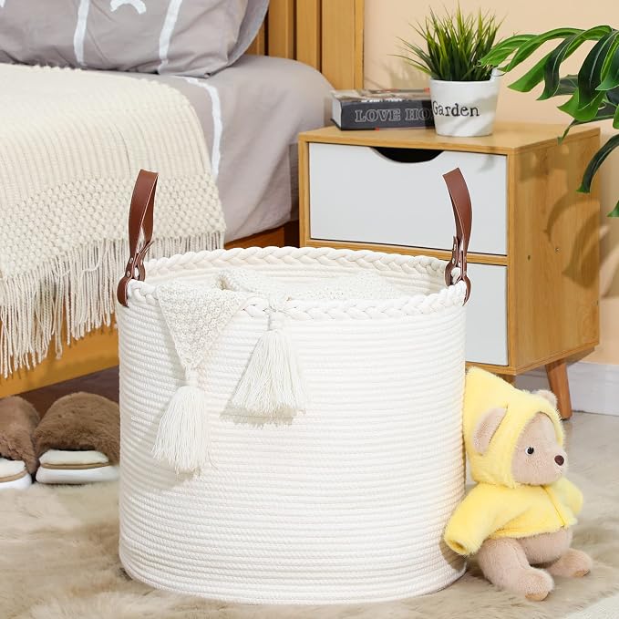 KAKAMAY Large Blanket Basket (18"x16"),Woven Baby Laundry Hamper,Cotton Rope Blanket Basket for Nursery, Laundry, Living Room, Pillows, Baby Toy chest with Leather Handles (White) - Image 4
