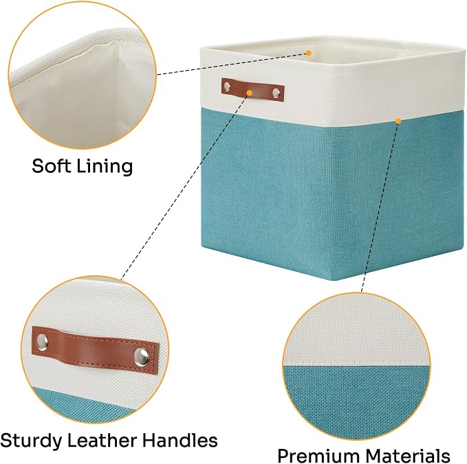 DULLEMELO Storage Bins for Organizing,Closet Storage Baskets for Gift Empty,Large Linen Canvas Storage Bins with Handles for Home Office Toys Shelves(White&Teal, 13 inch Cube) - Image 4