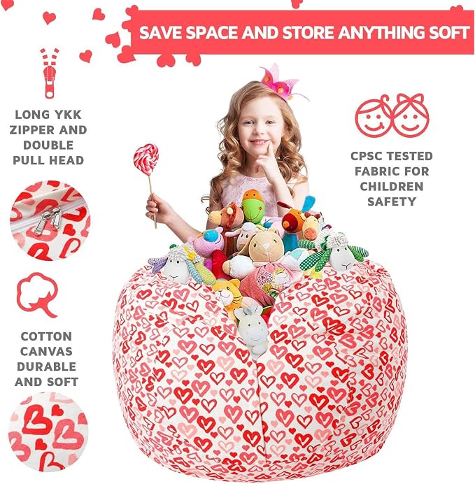 WEKAPO Stuffed Animal Storage Bean Bag Chair Cover for Kids | Stuffable Zipper Beanbag for Organizing Children Plush Toys Large Premium Cotton Canvas (Heart, XX-Large) - Image 7