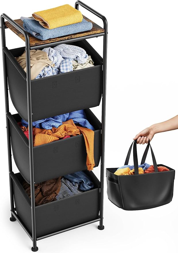 3 Section Laundry Sorter with Removable Bags, 120L Vertical Laundry Hamper with Shelf, Stackable Laundry Baskets organizer for Bathroom, Apartment, Dorm (Black, With Shelf) by Unknown