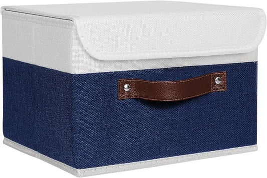 ANMINY Fabric Storage Box Bins with Lids, Blue White, 10"x8"x7" | Keepsake Memory Storage, Cotton Linen, PP Board Reinforced, Washable, PU Handles, Foldable & Stackable, Decorative, Small by ANMINY