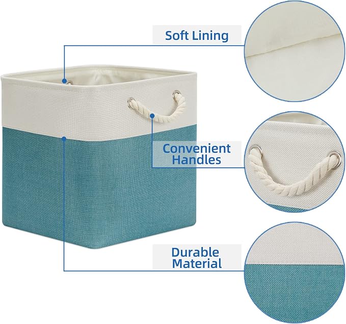 Temary Fabric Storage Set - 4 Large Cube Baskets (13x13), White & Teal - Image 5