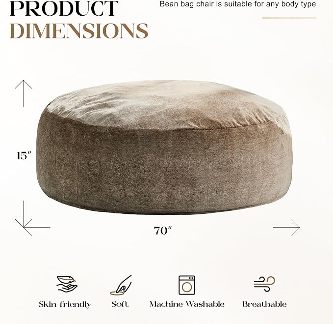 Hobestluk Bean Bag Chair for Adult Giant Beanbag with Filler Brown 6FT | Breathable Material Removable Machine Washable Cover Memory Foam Living Room Bedroom Reading Gaming Oversized Large Big - Image 2