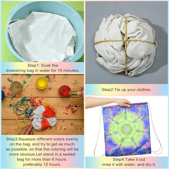 100 Pcs Tie Dye Cotton Drawstring Bags Bulk, 14"x16" | Blank White Cotton for Sublimation, DIY Party Activities. Bulk Drawstring Backpacks for School Groups, Camps, Crafts - Image 3