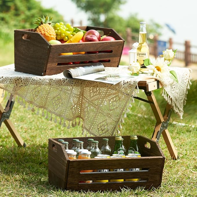 Rustic Wooden Crate, 2 Pack, Brown, Large, 16.5x12.7x9 Inches, Holds Up to 45 Pounds, Decorative Farmhouse Wooden Crate Basket for Storage and Display - Image 2