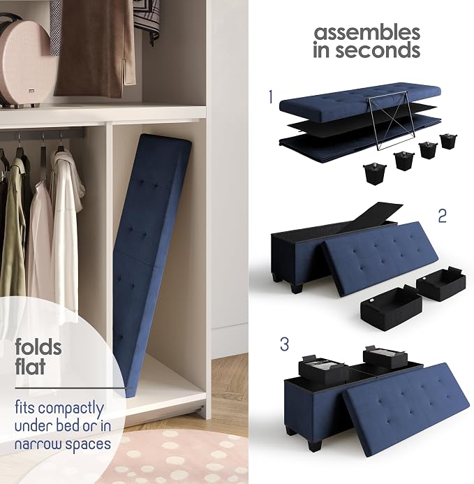 Storage Ottoman Bench with Bins, 43-in Storage Bench for Bedroom End of Bed, Folding Foot Rest Ottoman for Living Room Max 660lbs, Velvet Ottomans, Blue - Image 7