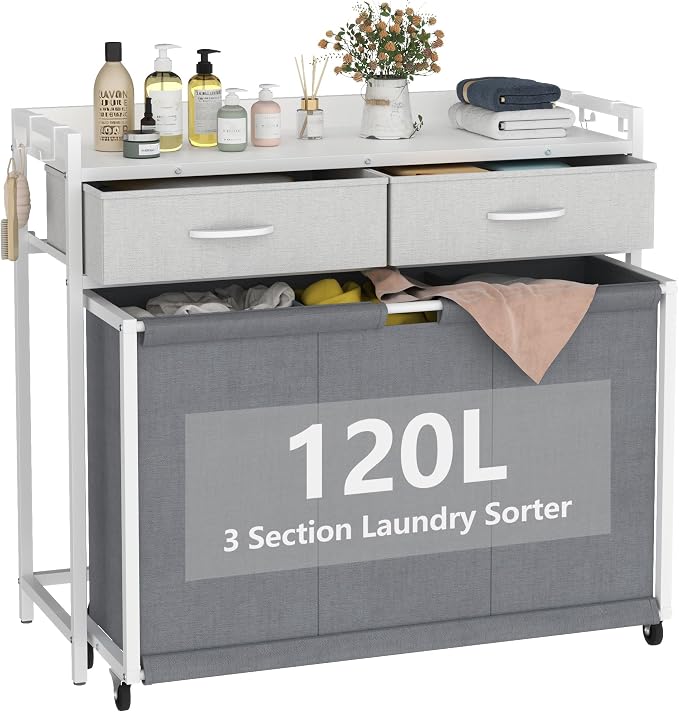 Laundry Hamper Laundry Basket with 3 Section Pull-Out Rolling Bags, Laundry Sorter for Organization and Storage with 2 Pull-Out Drawers for Laundry Room (White+Grey, 32.68'' x 31.81'' x 12.6'') by STIKELY
